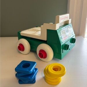Vintage Johnson & Johnson Stack and Dump Truck Toy Made in USA 1983 + 10 Shapes